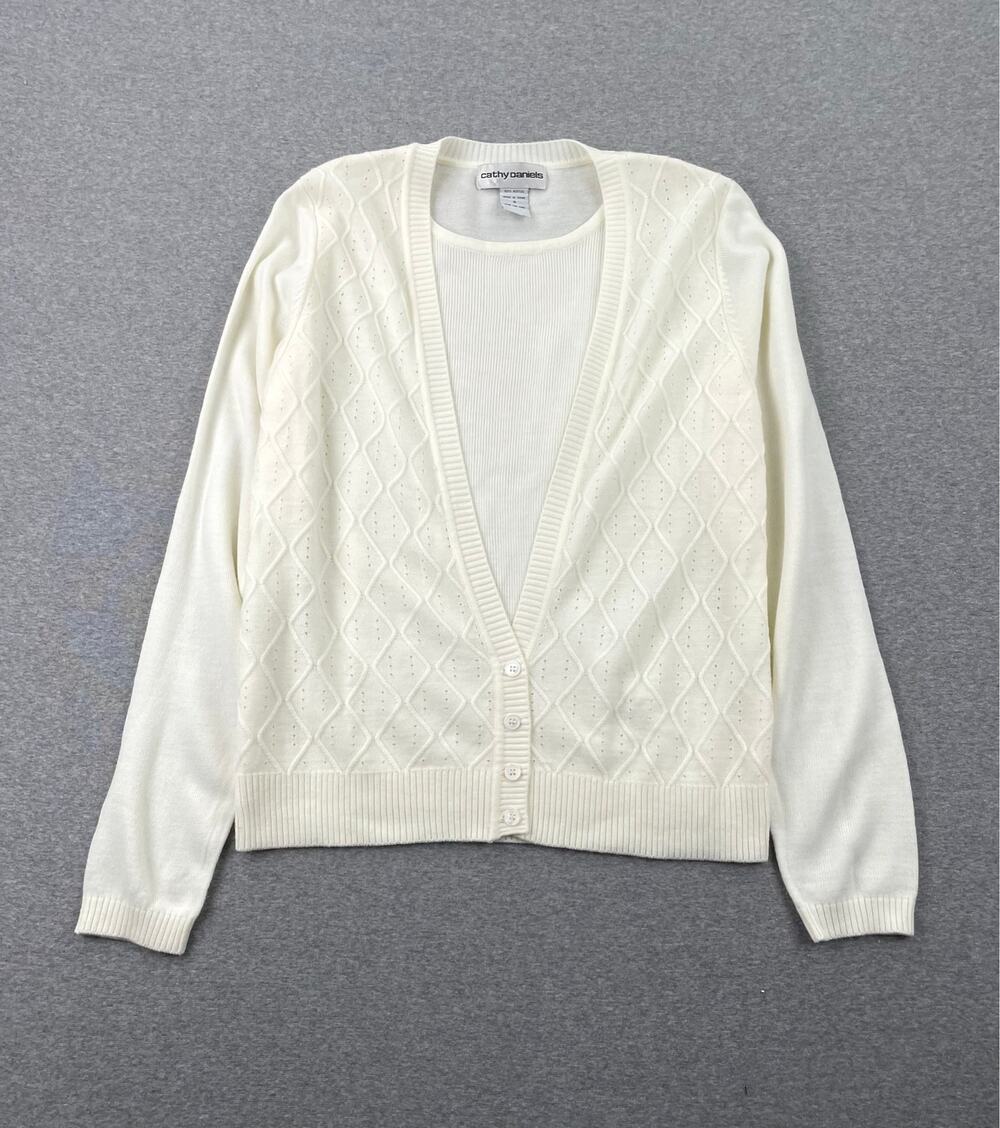 Vintage Y2K Cathy Daniels Button Up Cardigan Sweater w/ Blouse Womens S White